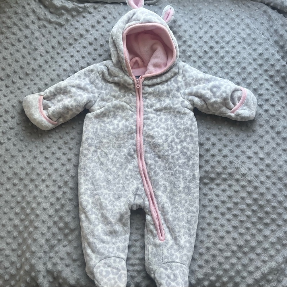 The Childrens Place Fuzzy one piece suit grey leopard size 0-3 months